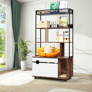 Hidden Litter Box Enclosure with Storage Rack & Cat Scratching Post Wood & Metal 2-in-1 Pets Furniture with Shelf Corridor Cushioned Mat - 1 of 4