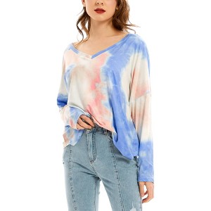 Anna-Kaci Women's Long Sleeve T Shirt V Neck Casual Basic Tee Tie Dye Tops - 1 of 4