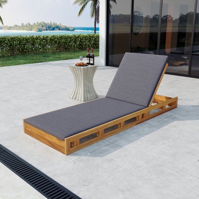 Outdoor Adjustable Wood Chaise Lounge Chair, Reclining Acacia Frame with Cushion, for Pool, Patio, Garden or Deck-The Pop Home