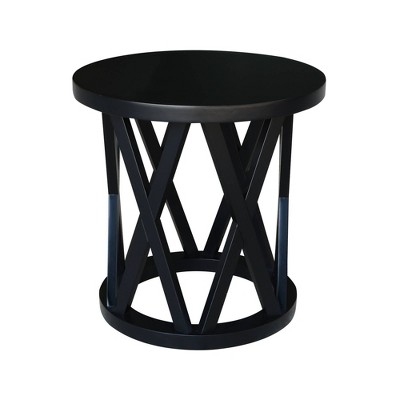 24" Black Solid Wood Round End Table with Geometric Base