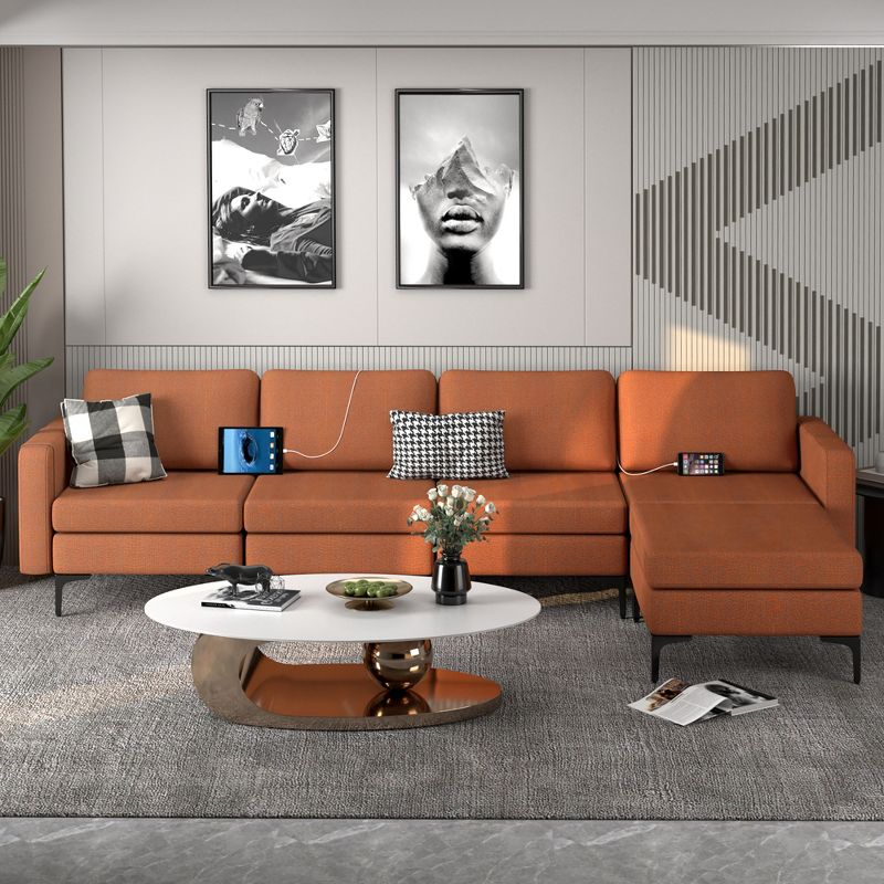 Costway Modular L-shaped Sectional Sofa w/ Reversible Chaise & 4 USB Ports Orange\Dark Grey, 2 of 11