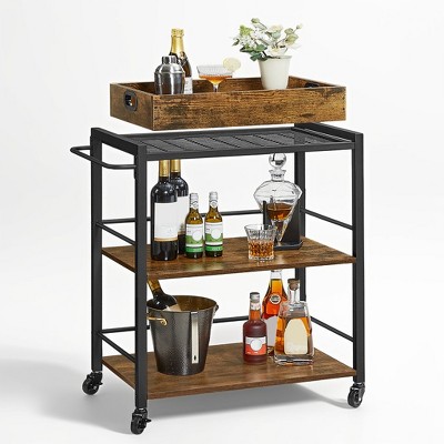 3-Tier Bar Cart, Serving Cart With Wheels And Handle, Beverage Cart. Kitchen Serving Cart with Removable Tray