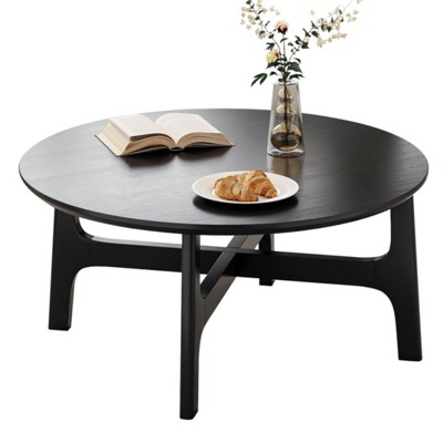 FURNIinspire Coffee Tables, Round Coffee Table with Tabletop and Cross Frame for Living Room, Hallway, Black, 39.3"*39.3"*17.7"