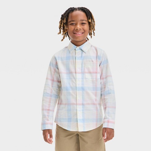 Boys' Long Sleeve Plaid Flannel Button-Down Shirt - Cat & Jack™ Light Yellow/Pink - image 1 of 3