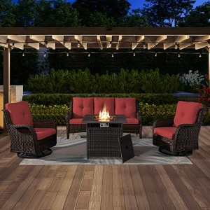 4PCS Patio Furniture Set with Fire Pit Table, Weather-Resistant Wicker Patio Fire Pit Set with Sofa, Swivel Patio Chair and 50000BTU Propane Fire Pit - 1 of 4