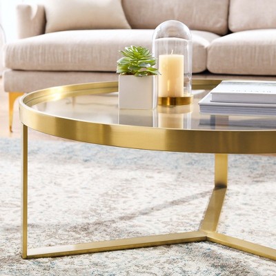 Round Gold Metal Coffee Table with Clear Glass Top