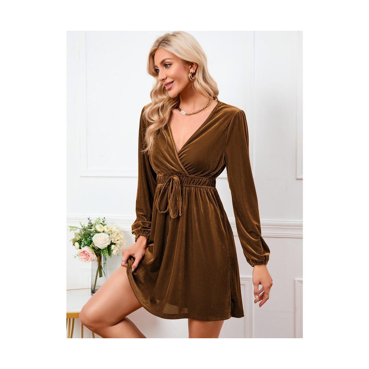 Женские платья Garvee Women's Velvet Dress Wrap V Neck Pleated Waist Long Sleeve Casual Party Skater Dresses Brown XL — фото 3