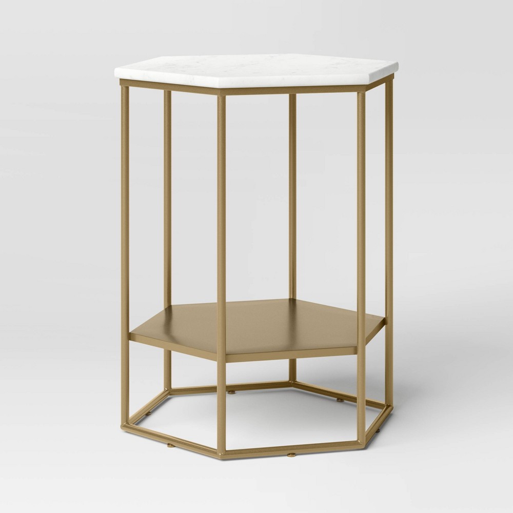 Photos - Dining Table Geometric Luxe Hex Accent Table Brushed Brass Finish - Threshold™