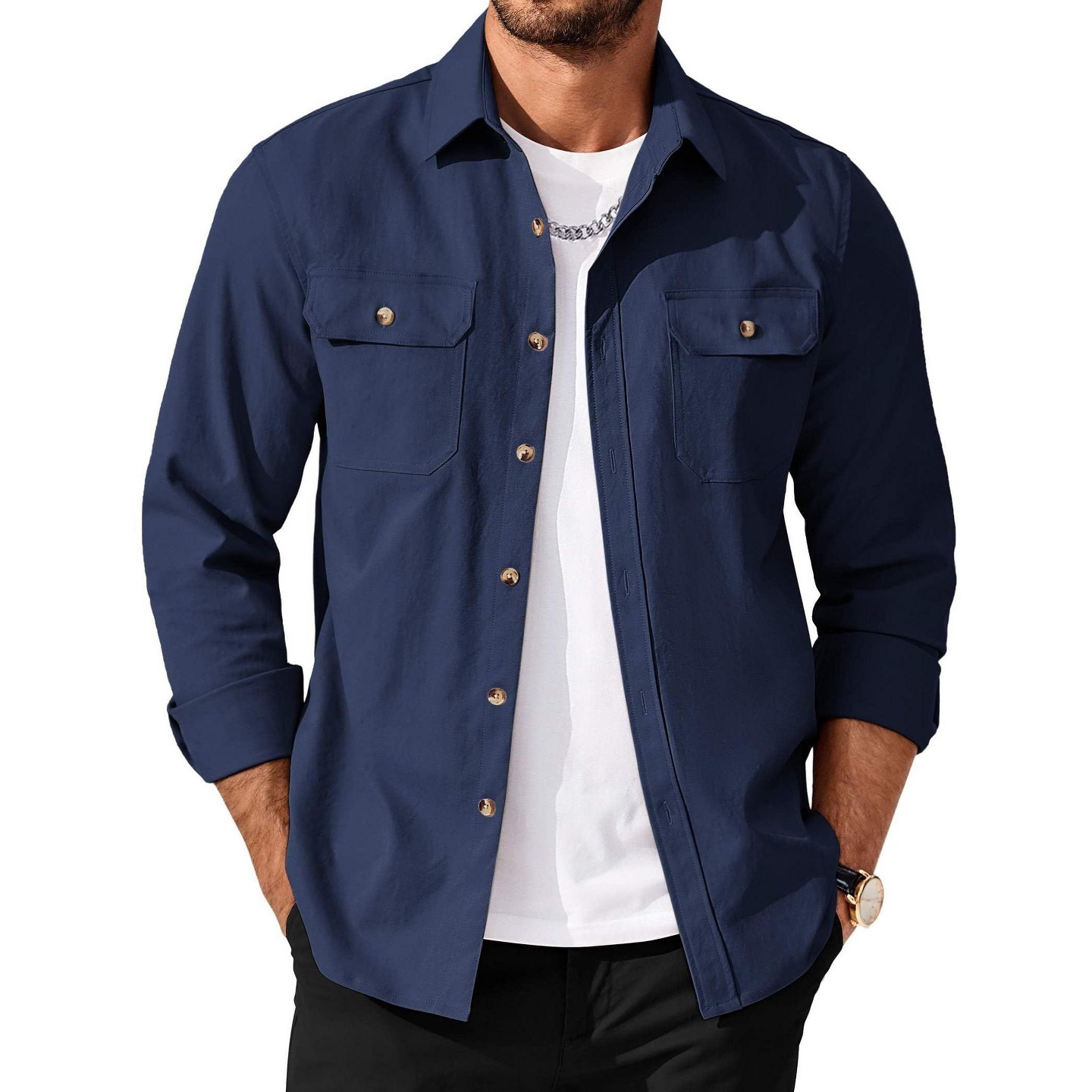 Мужские куртки COOFANDY Long Sleeve Button Down Shirts Jacket Casual Lightweight Fall Shirts for Men Navy Blue XXL Navy Blue, цвет: Тёмно-синий — фото 1