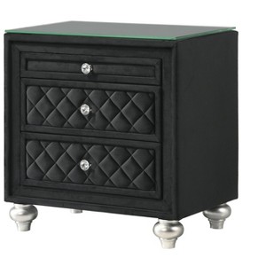 1pc Traditional Glam 3-Drawer Nightstand Velvet Tufted Drawer Front Jewelry Tray Faux Crystal Drawer Knobs Black - 1 of 4