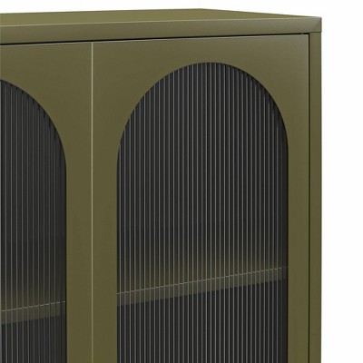 Olive Green Tall Metal Cabinet with Fluted Glass Doors