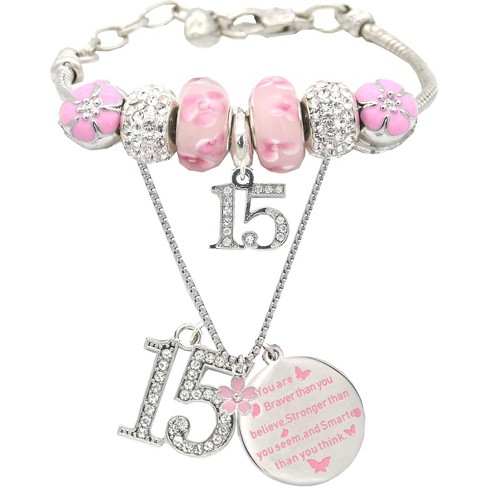 Meant2tobe 15th Birthday Gifts for Girls 15th Birthday Charm Bracelet and Necklace, Pink