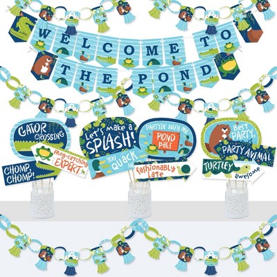 Big Dot of Happiness Pond Pals - Banner & Photo Booth Decor - Frog, Alligator, Turtle Birthday Party or Baby Shower Supplies Kit - Doterrific Bundle