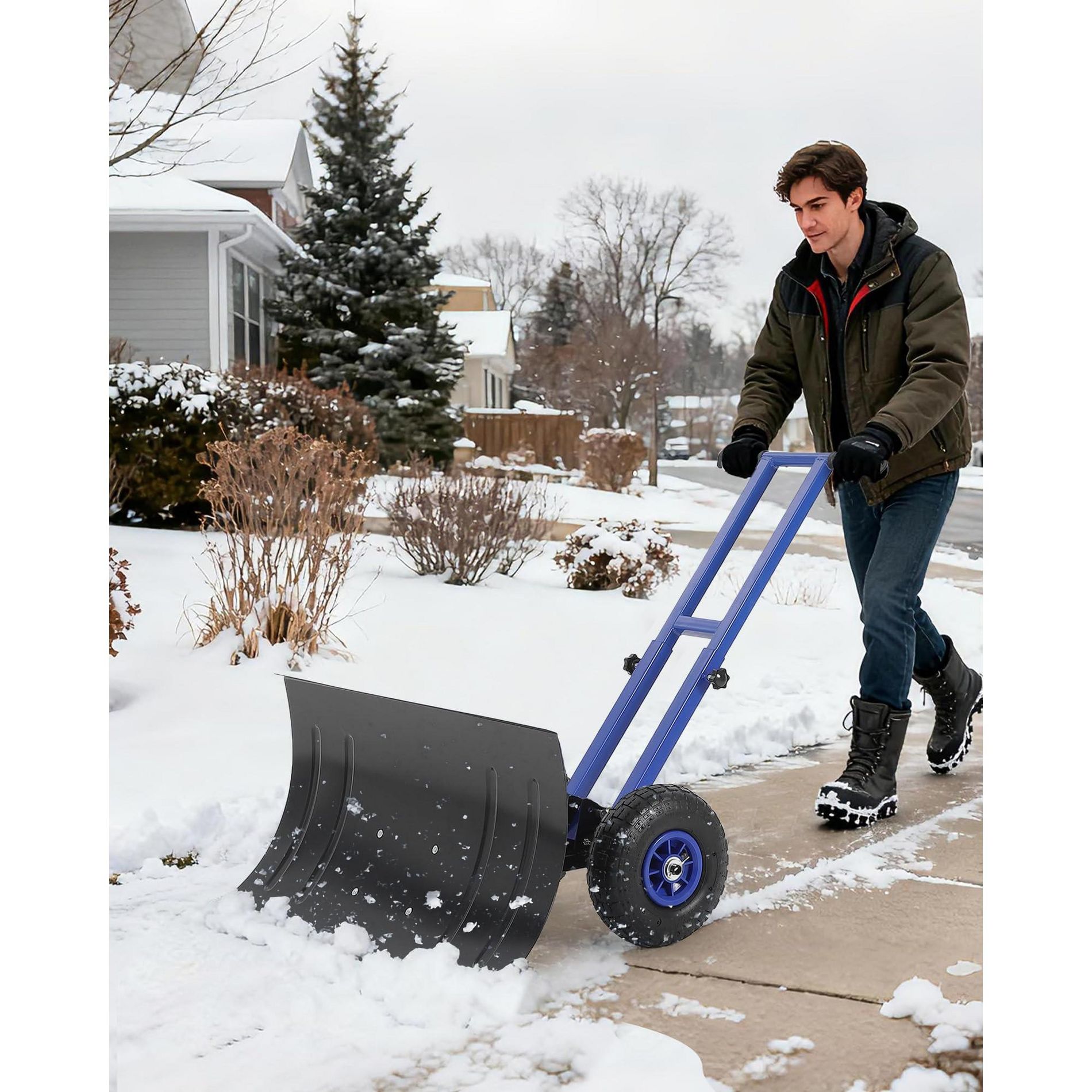Snow Shovel with Wheels, Heavy Duty Double Rod Wheeled Snow Pusher with 29" w × 16" h Metal Blade, Adjustable Angle for Driveway, Sidewalk, Yard