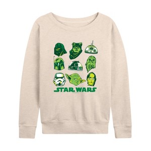 Women's - Star Wars - St. Patricks Day Green Grid Lightweight French Terry Wide Neck Long Sleeve Shirt - 1 of 4