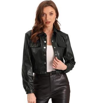 Allegra K Women's Collar Button Front Moto Cropped Faux Leather Jackets
