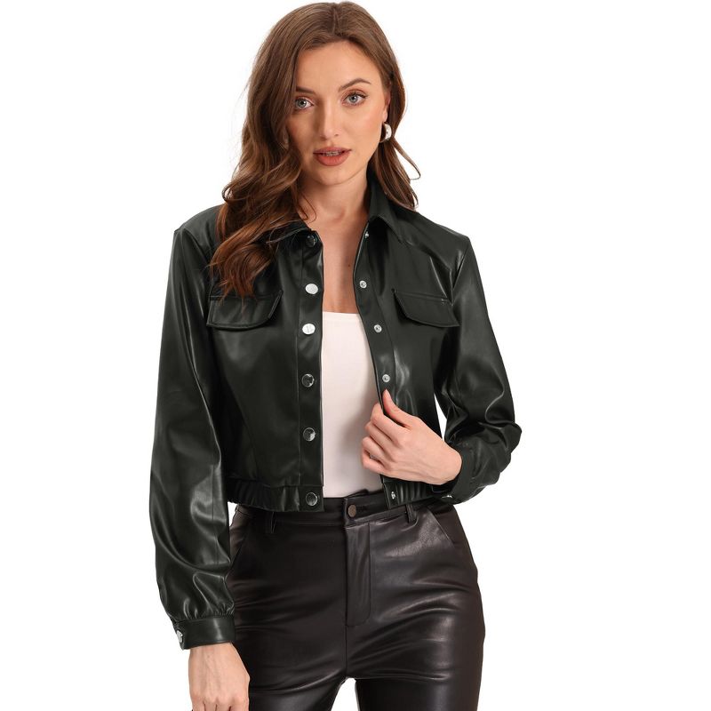 Allegra K Women's Collar Button Front Moto Cropped Faux Leather Jackets, 1 of 7