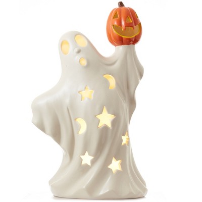 Casafield Ceramic Halloween Spooky Ghost, Hand Painted 14-Inch Pre-Lit LED Ghost with Jack-o-Lantern Tabletop Decor