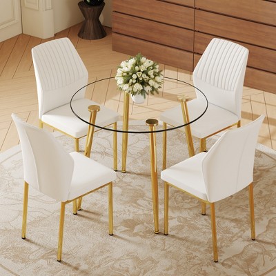 5-Piece Dining Set with Glass Table and 4 PU Armless Chairs