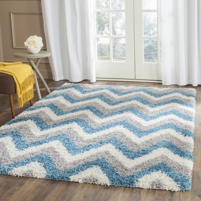 Handmade Blue and Gray Chevron Shag Kids Area Rug
