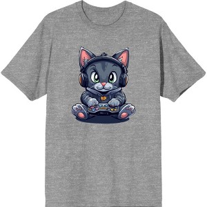 Focused Gamer Cat Adult Crew Neck Short Sleeve Tee - 1 of 2