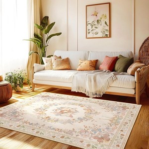 Large Beige Butterfly Floral Area Rug, Ultra-Thin Non-Slip Washable Mat for Living Room & Bedroom - 1 of 4