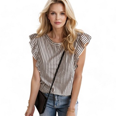 Amaryllis Women's Sleeveless Ruffle Trim Striped Top with High Neckline