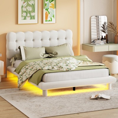 Image of Queen Size Velvet Upholstered Platform Bed with LED Frame and Button-tufted Design Headboard, Beige-ModernLuxe