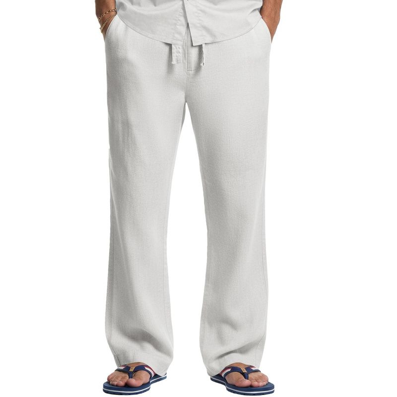 COOFANDY Men' s Drawstring Linen Pants Casual Summer Beach Linen Trousers Lightweight Yoga Lounge Pants White S