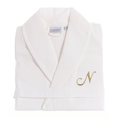 Linum Home Textiles 100% Turkish Cotton Unisex Personalized Waffle Weave White Bathrobe in Gold Script Font