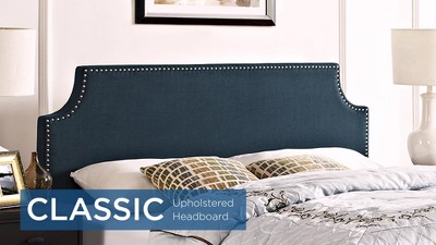 Beige Queen Upholstered Fabric Headboard with Silver Nail Trim