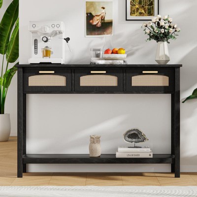 FONTOI Rattan Console Table, Entryway Table with 3 Smooth Gliding Drawers, Wood Sofa Table for Living Room, Multicolored, 46.1*11.8*32.1