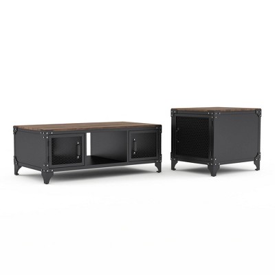 2pc Felcor Cabinet Industrial Coffee & End Table Set with Mesh Metal Doors - miBasics