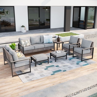 Sonkuki Outdoor Furniture Set Patio Conversation Sofa with Coffee Table Set, All-Weather PE Rattan Couch with Cushion
