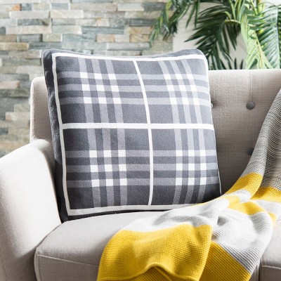 Unity Gingham 20" Square Contemporary Pillow in Grey/Ivory