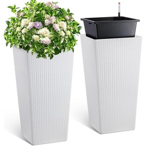30” Tall Rattan Planter Set of 2,  Water Monitor, Wheels & 2 Trays, Large Indoor/Outdoor Pots for Patio, Porch, Living Room, Brown - 1 of 4