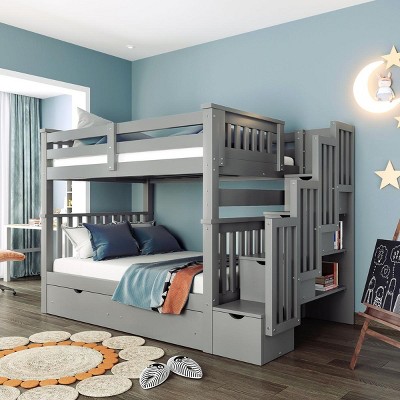 Streamdale Full Over Full Bunk Bed with Shelves and 6 Storage Drawers, Gray