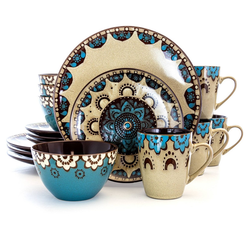 16pc Stoneware Earth and Water Dinnerware Set Blue/Taupe - Elama: Dishware Set, Service for 4, Microwave & Dishwasher Safe