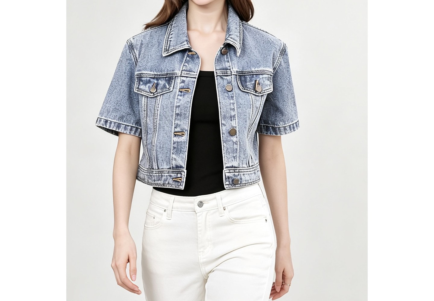 Женская куртка YesFashion Cropped Short Sleeve Denim Jacket Classic Lapel Button Front Chest Pocket Casual Light Wash Outerwear Shrug，ligh blue, цвет: Джинсовый — фото 3