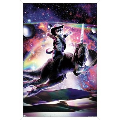 Trends International James Booker - Galaxy Cat on Dinosaur Unicorn In Space Framed Wall Poster Prints