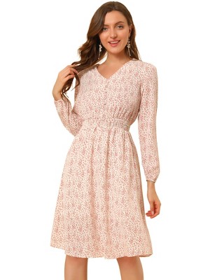 Allegra K Women's Floral Print V-Neck Smocked Waist Midi Dress