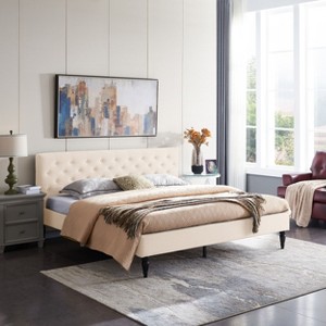 Contemporary  King Size Bed Frame with Button Tufted Diamond Stitching, Plush Upholstered Platform Bed Frame with Headboard -Christopher Knight Home - 1 of 4