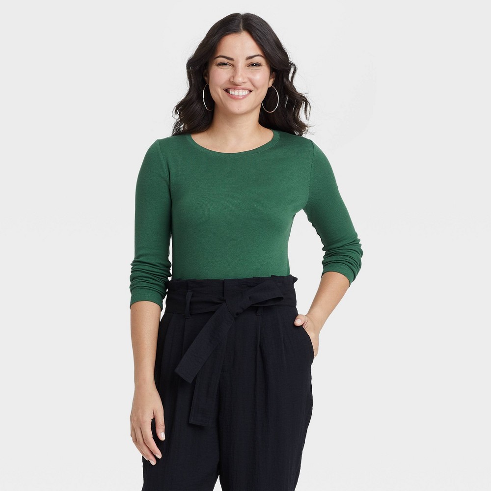 Size XL Women's Long Sleeve Ribbed T-Shirt - A New Day Dark Green XL