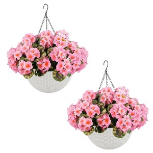 2 Set Artificial Outdoor Geraniums Flowers w/Hanging Basket, 2 Hanging Planters & 12 Pcs Red Geranium Flowers for Christmas Front Porch Garden Patio - 1 of 4