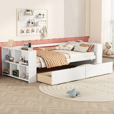 Twin Size Daybed with Drawers and Shelves, No Box Spring Needed, Minimalist Finish Daybed, Platform Bed with Solid Pine Wood Frame-Baofuwish