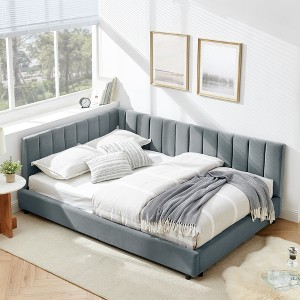 Full Size Upholstered Tufted Bed Frame with Backrest & Armrests, Velvet Sofa Bed for Bedroom or Living Room, Gray/Beige/Black - ModernLuxe - 1 of 4
