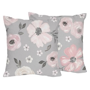 Sweet Jojo Designs Set of 2 Decorative Accent Kids' Throw Pillows 18in. Watercolor Floral Grey and Pink - 1 of 4
