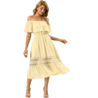 Allegra K Women's Off Shoulder Ruffle Lace Insert High Waist Short Sleeve Flowy Maxi Dress