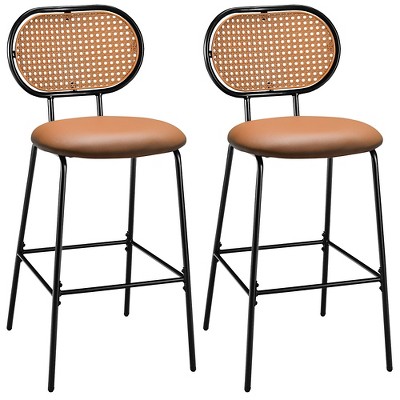 Costway Set of 2 Bar Stools Faux Leather Bar Height Kitchen Chairs with Rattan Back Brown/Green