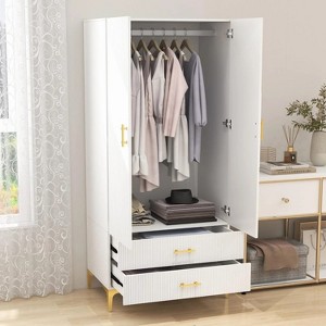 TIRAMISUBEST White 2-Door Wardrobe Armoire with Drawers & Hanging Rod - Modern Twill Design, Left Opening, 31.5"W x 76.77"H - 1 of 4